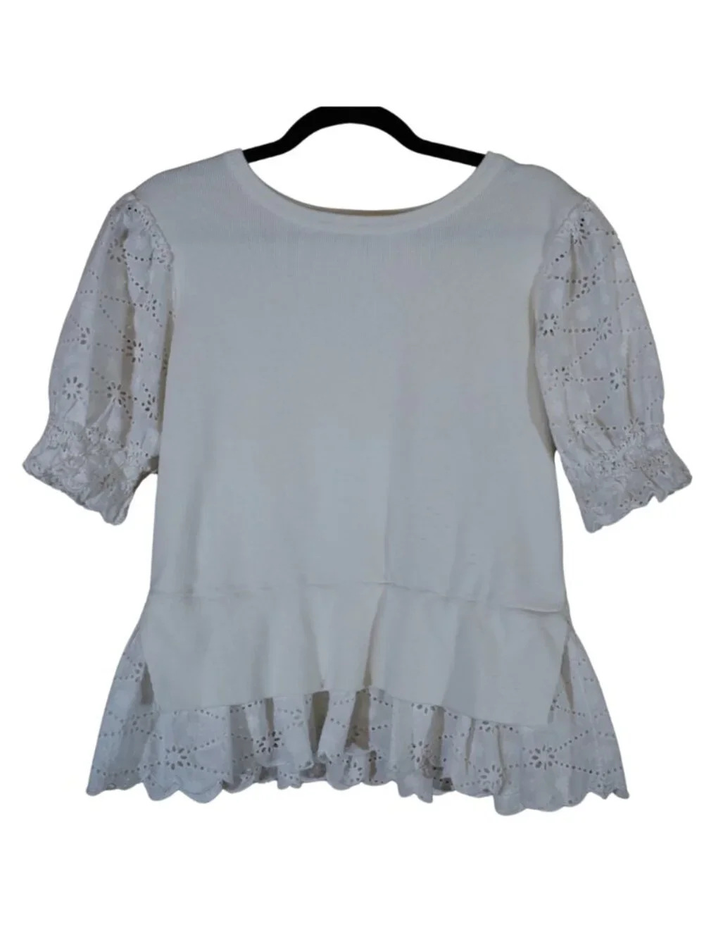 English Factory White Eyelet Puff Sleeve Sweater Tee M